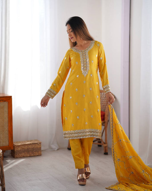 Yellow color chinon silk salwar suit for wedding