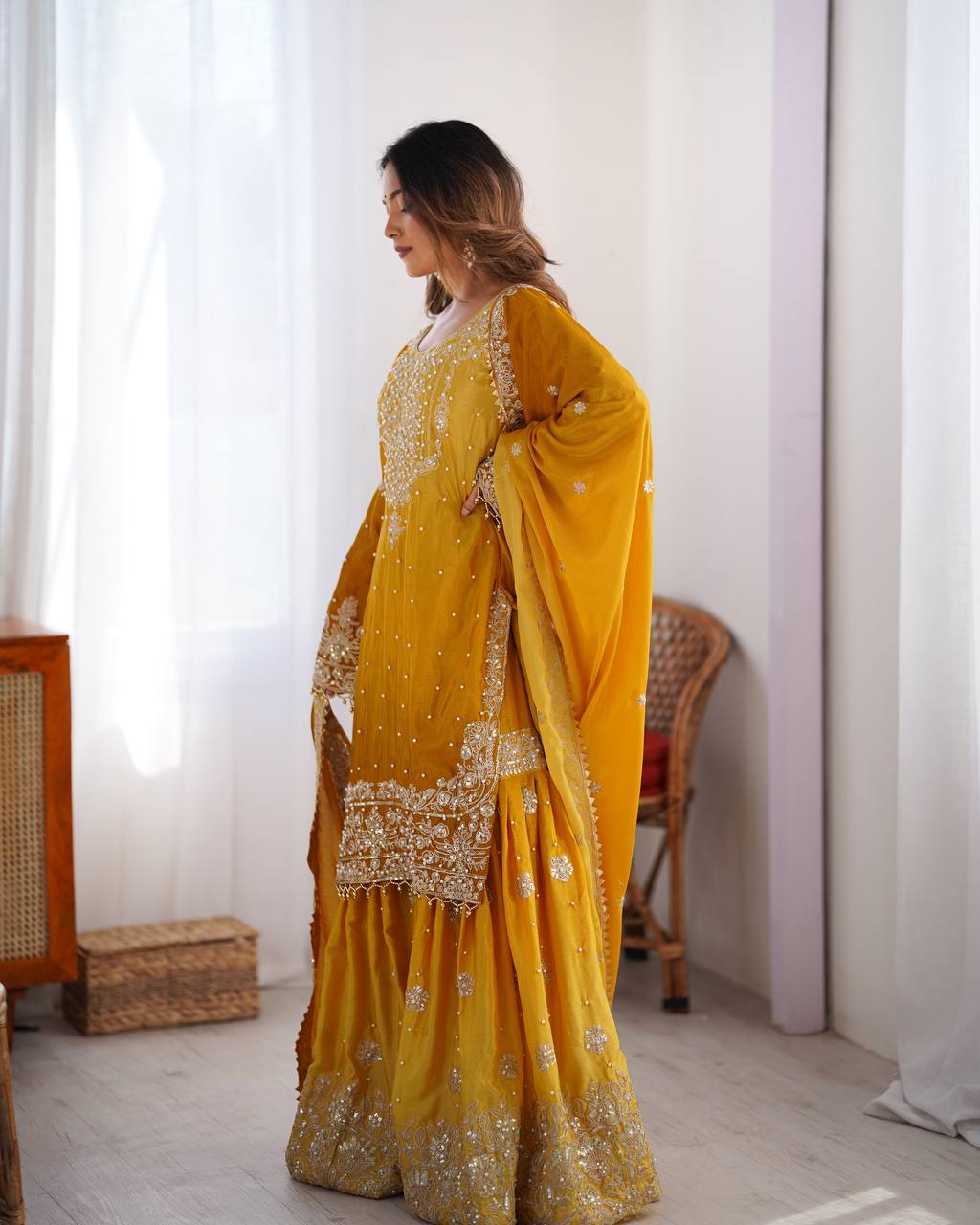Yellow color chinon silk sharara suit with dupatta images