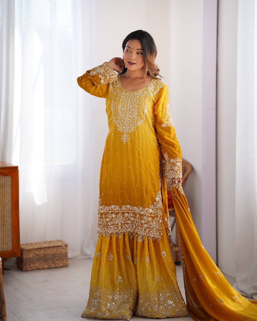 Yellow color chinon silk sharara suit with dupatta price