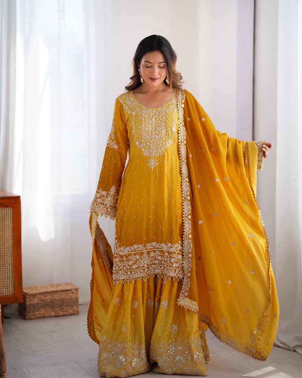 Yellow color chinon silk sharara suit for wedding