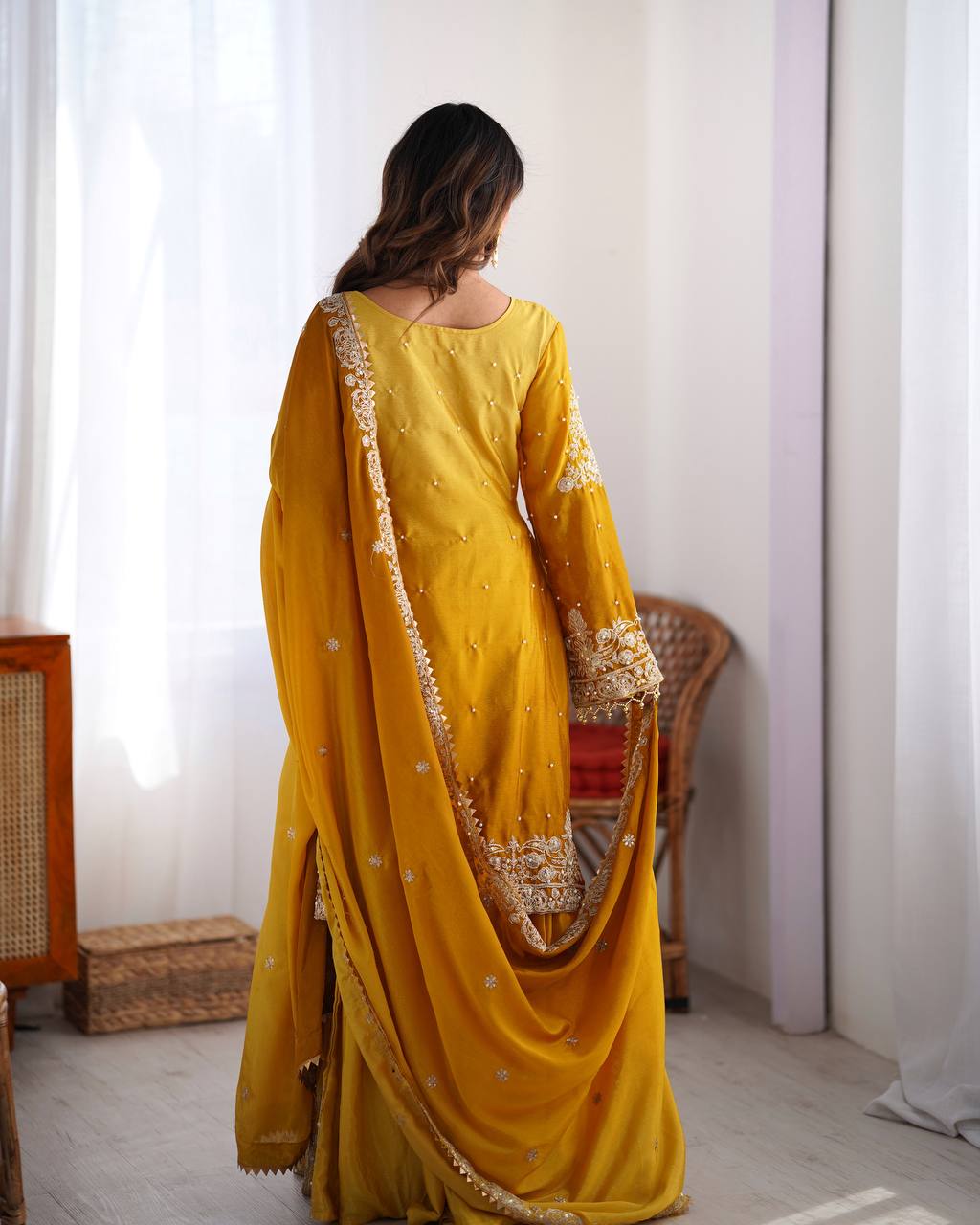 Yellow color chinon silk sharara suit price