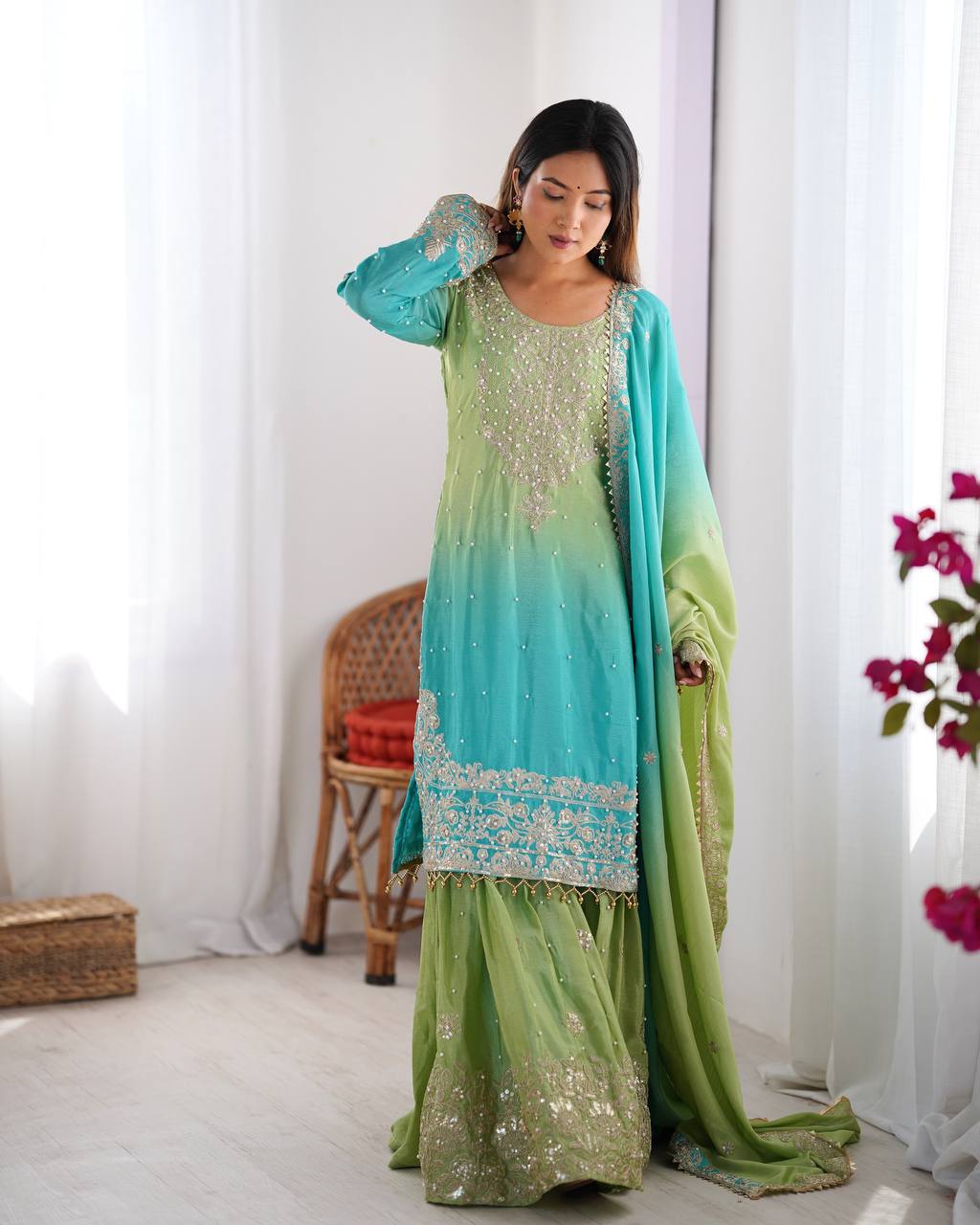 Rama color chinon silk sharara suit with dupatta