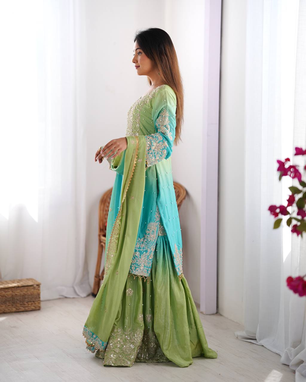 Rama color chinon silk sharara suit with dupatta online shopping