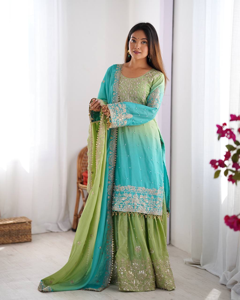 Rama color chinon silk sharara suit with dupatta online