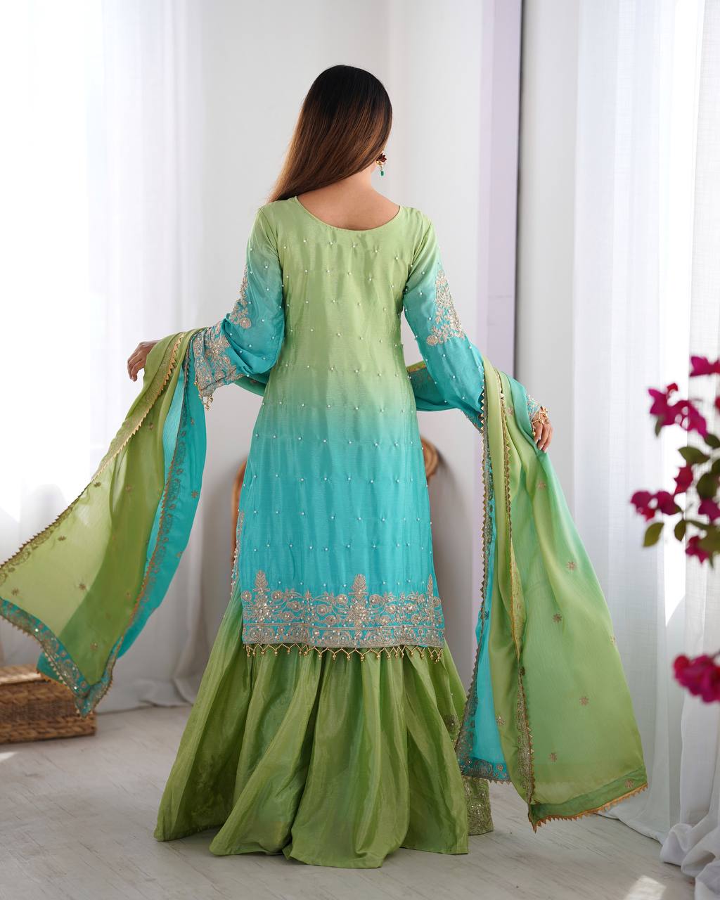 Rama color chinon silk sharara suit with dupatta images