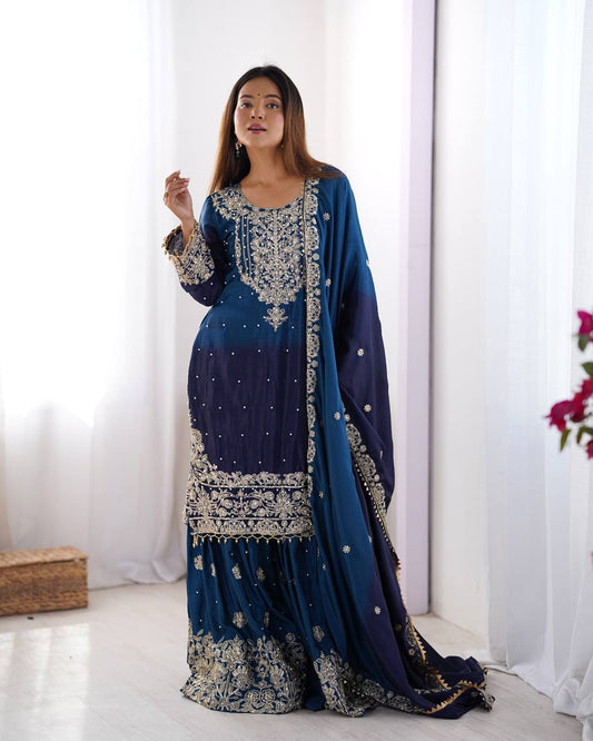 Blue color chinon silk sharara suit for wedding