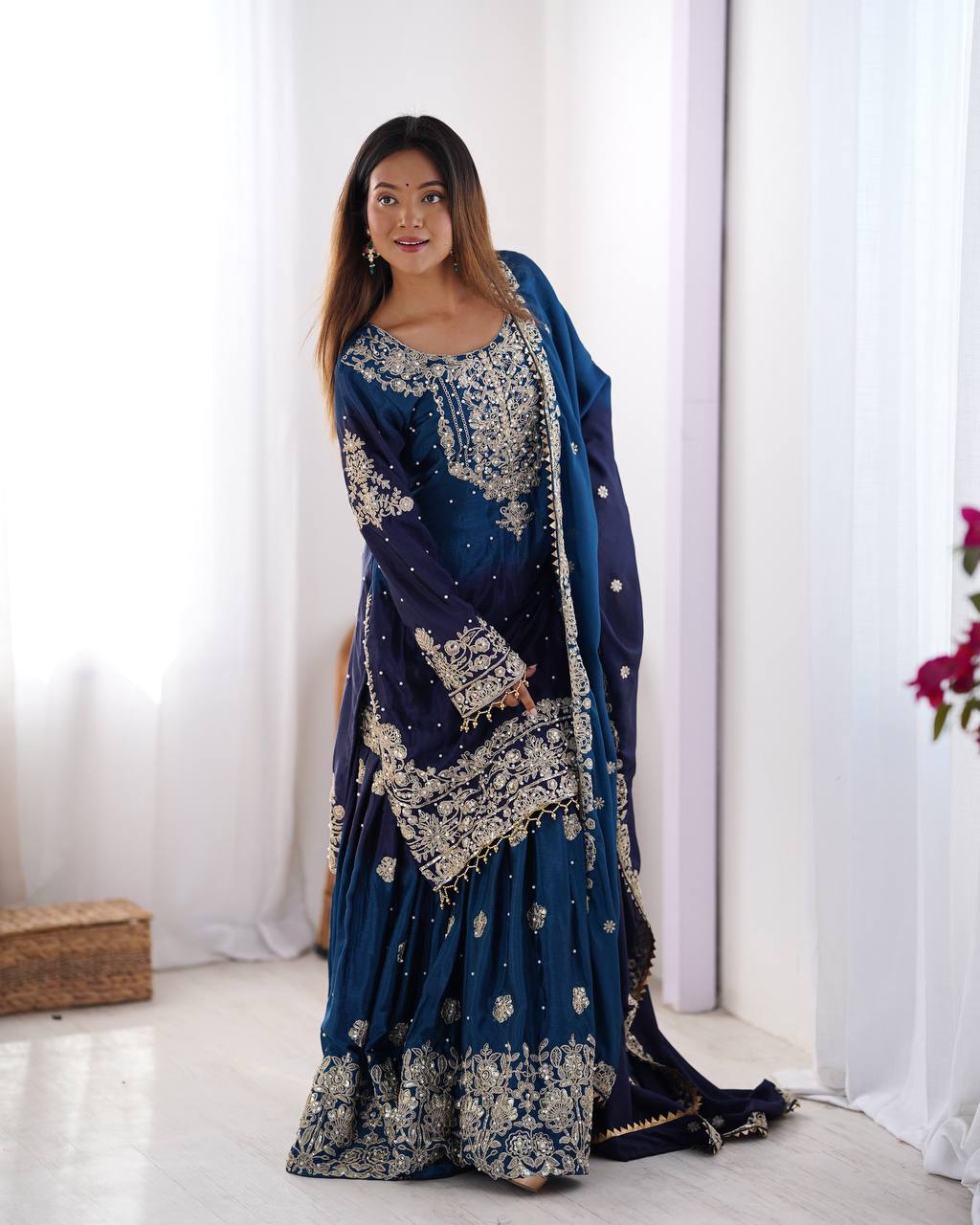 Blue color chinon silk sharara suit with dupatta online