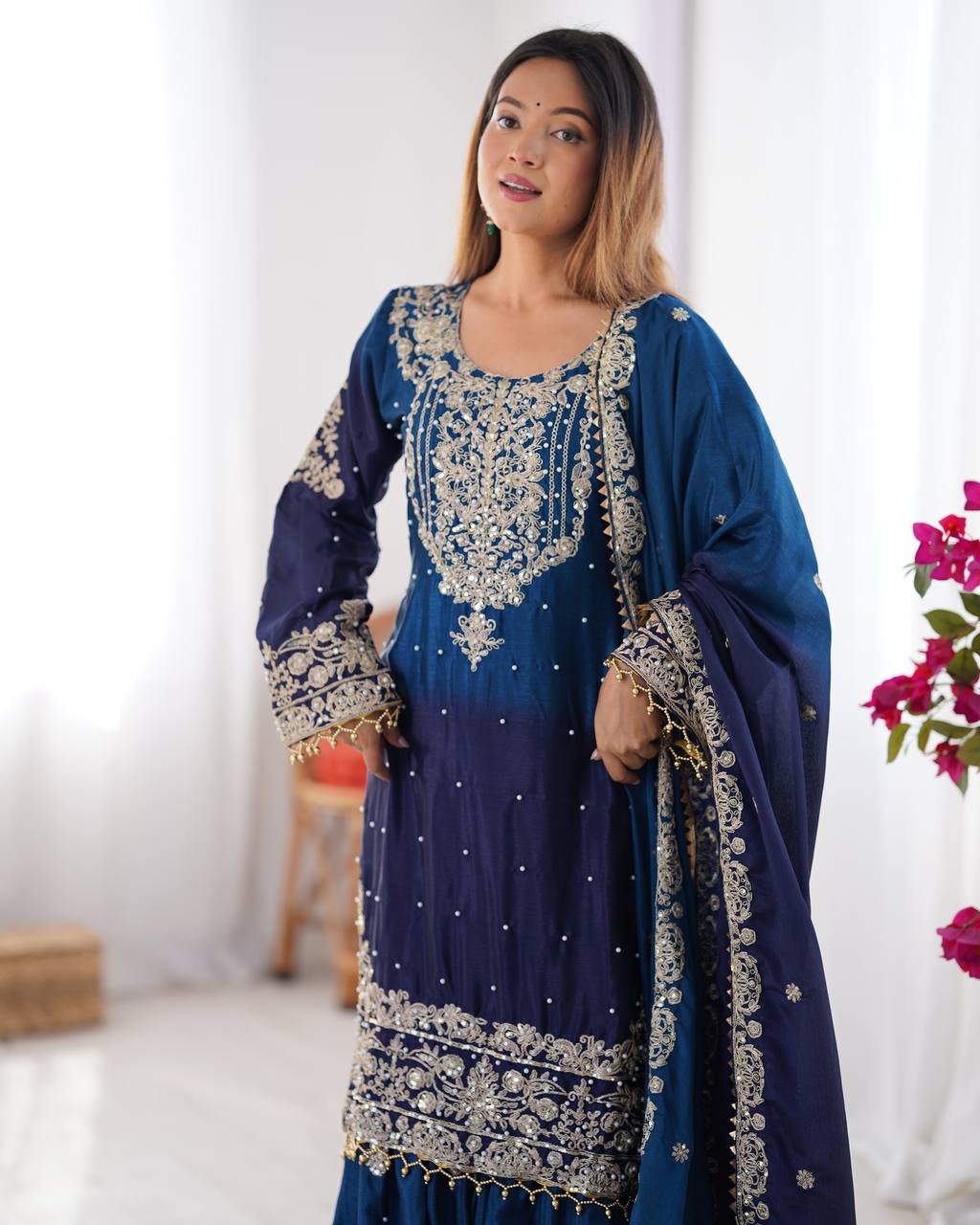 Blue color chinon silk sharara suit with dupatta online shopping