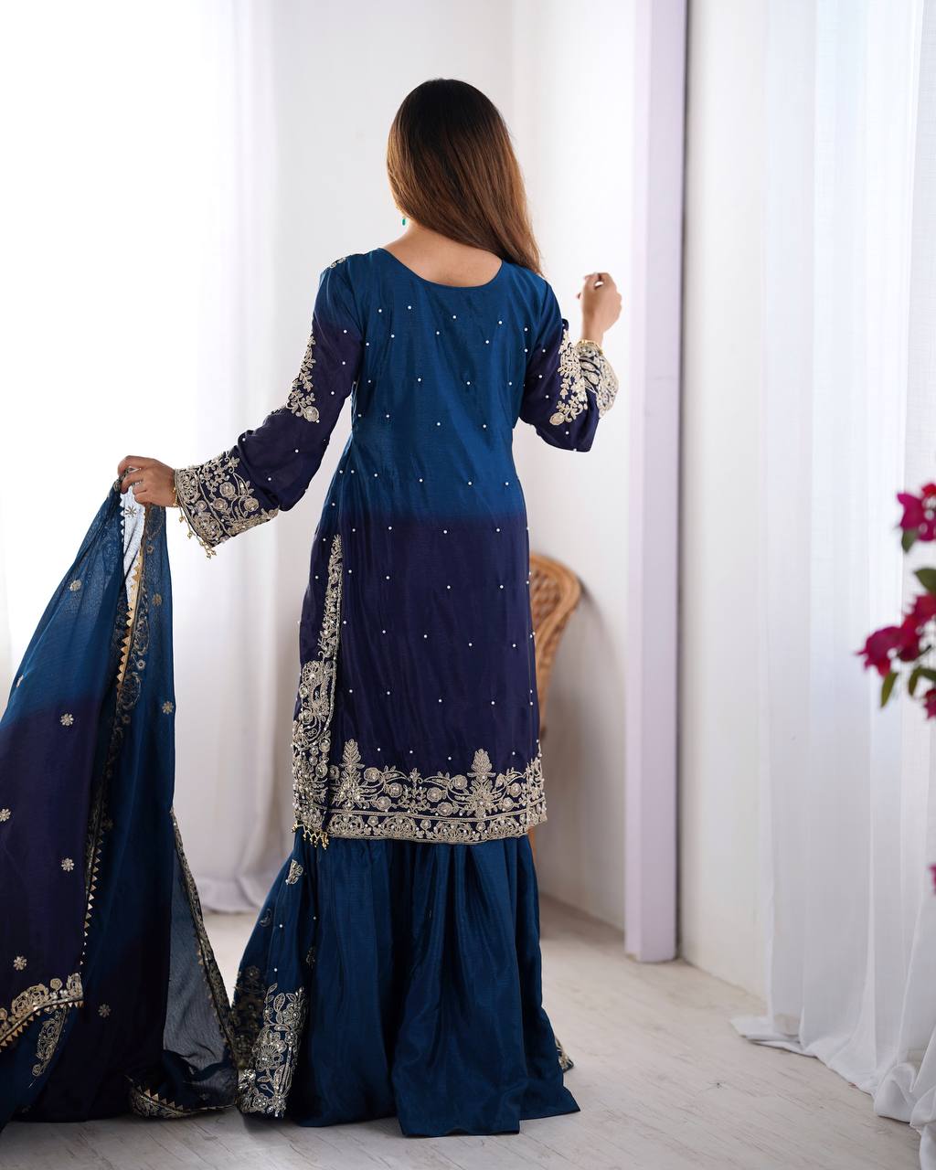 Blue color chinon silk sharara suit with dupatta price