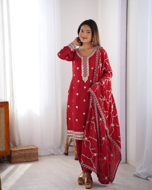 Red color chinon silk salwar suit for wedding