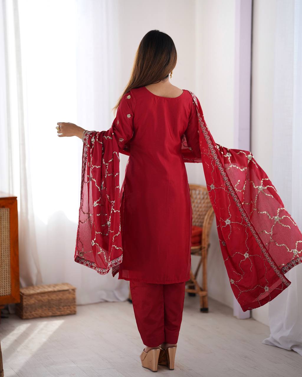 Red color chinon silk salwar suit with dupatta price