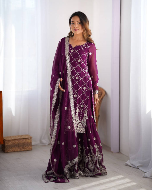 Purple color chinon silk sharara suit for wedding