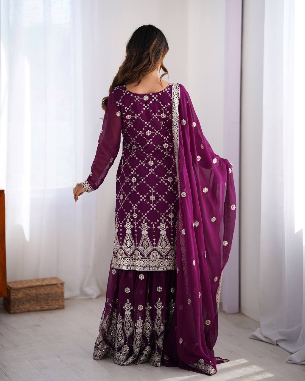 Purple color chinon silk sharara suit with dupatta