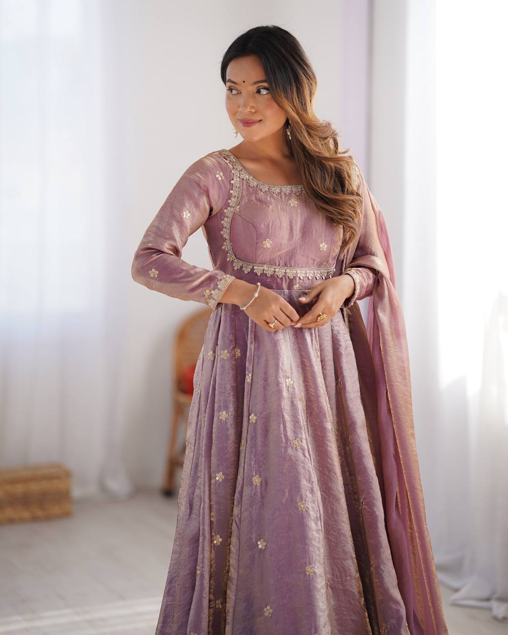 Pink color fandy silk gown with dupatta online shopping