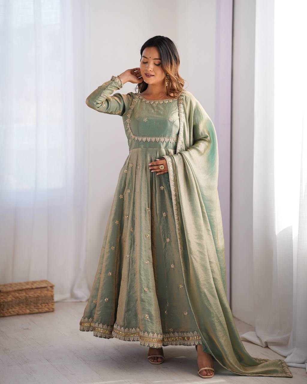 Peach Fandy Silk Embroidered Anarkali Gown Set with Dupatta sage green / L-40 Peach Fandy Silk Embroidered Anarkali Gown Set with Dupatta sage green / L-40