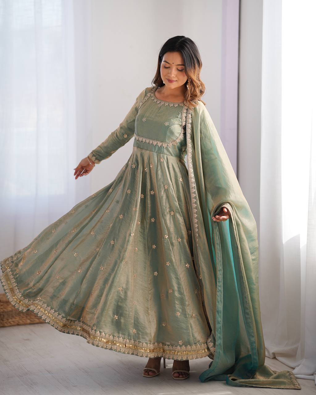 Green color fandy silk gown with dupatta online shopping