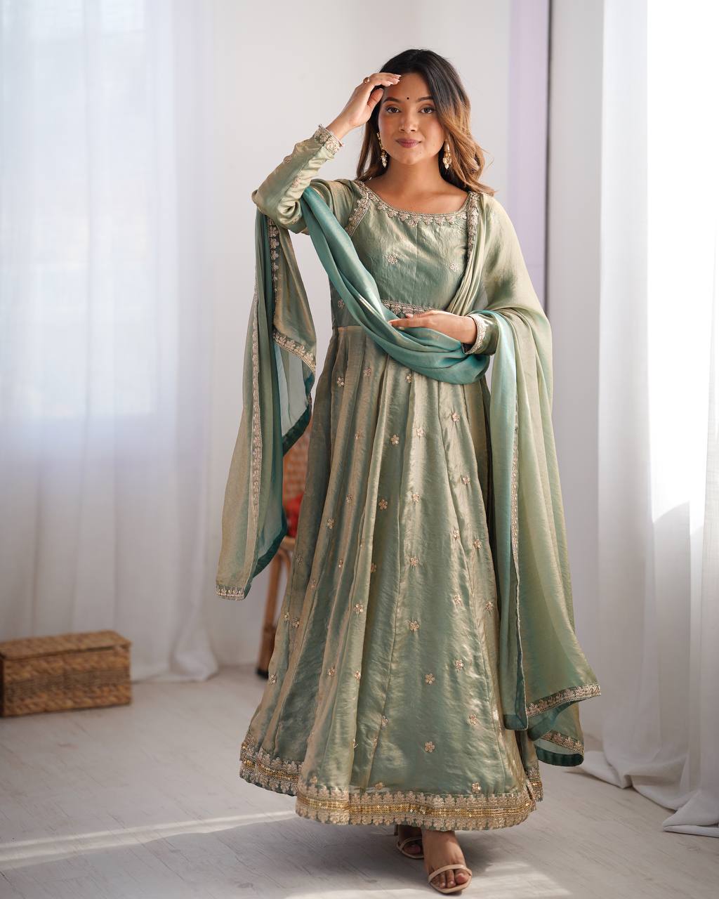 Green color fandy silk gown with dupatta online