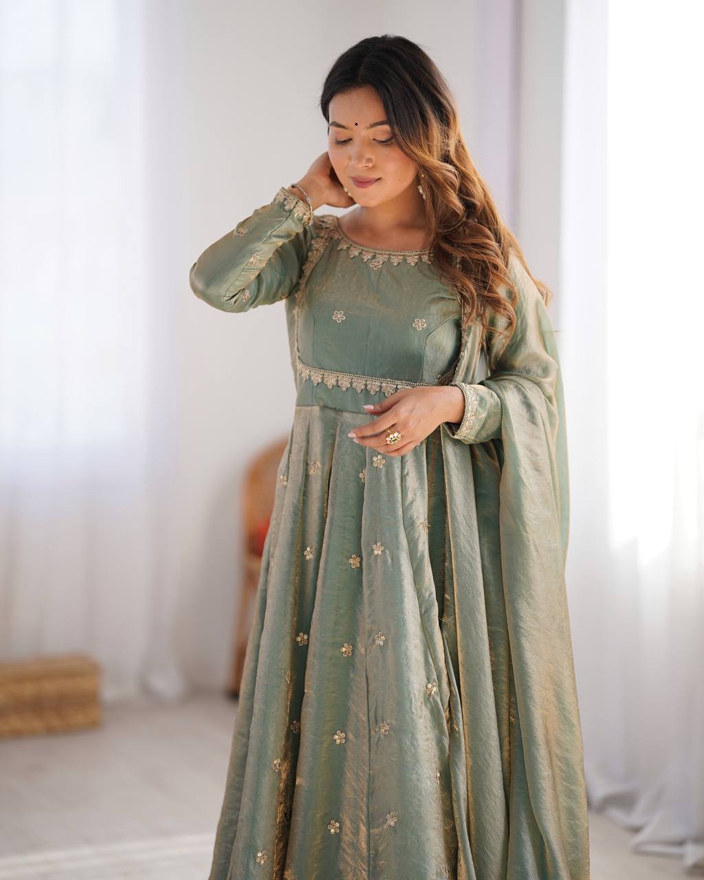 Green color fandy silk gown with dupatta price