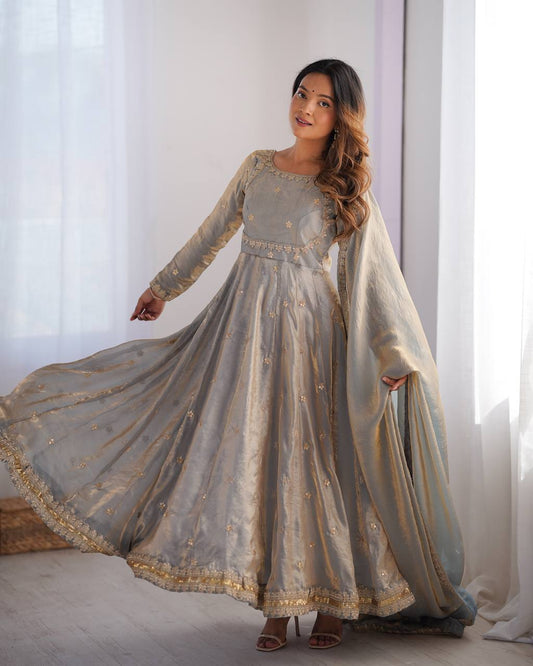 Grey color fandy silk gown for wedding