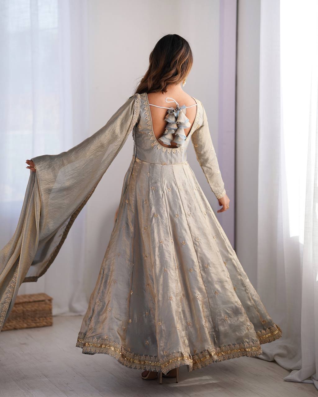 Grey color fandy silk gown with dupatta online shopping