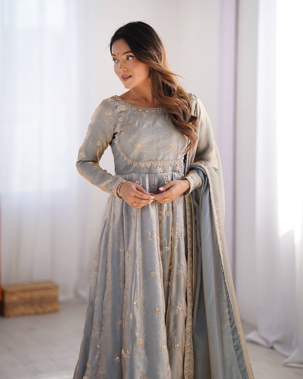 Grey color fandy silk gown with dupatta online shopping