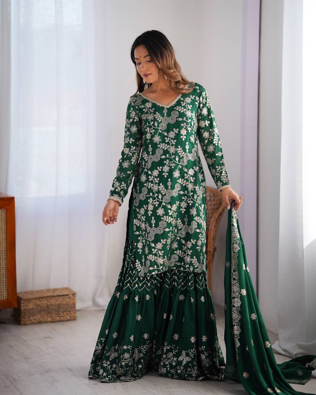 Green color chinon silk sharara suit with dupatta design