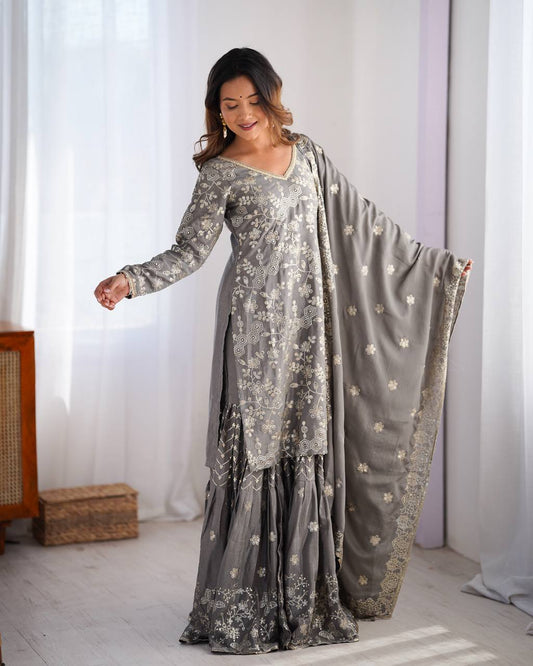 Grey color chinon silk sharara suit for wedding
