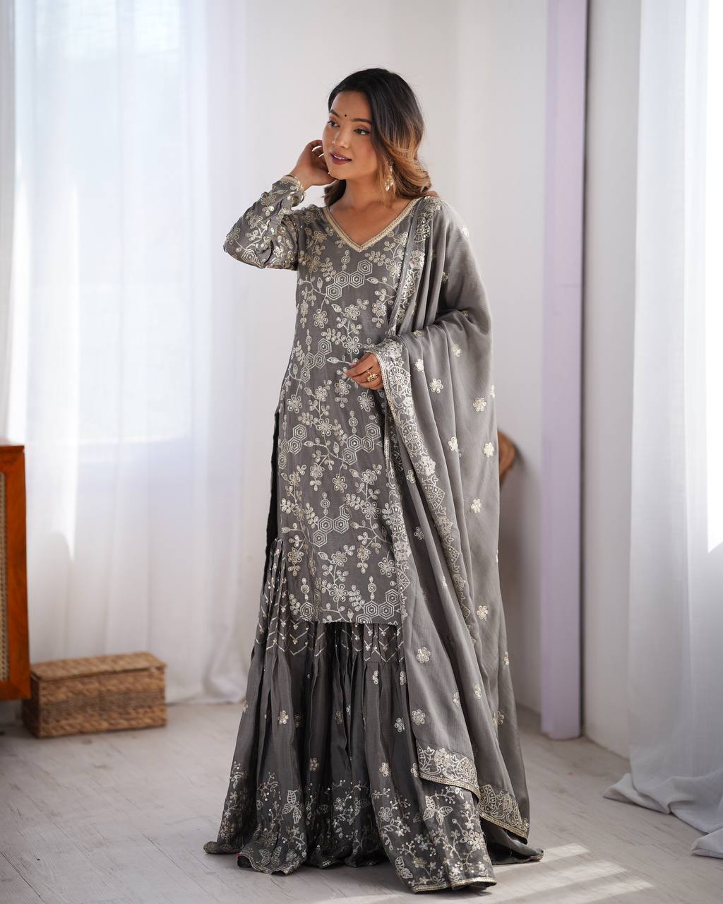 Grey color chinon silk sharara suit with dupatta images