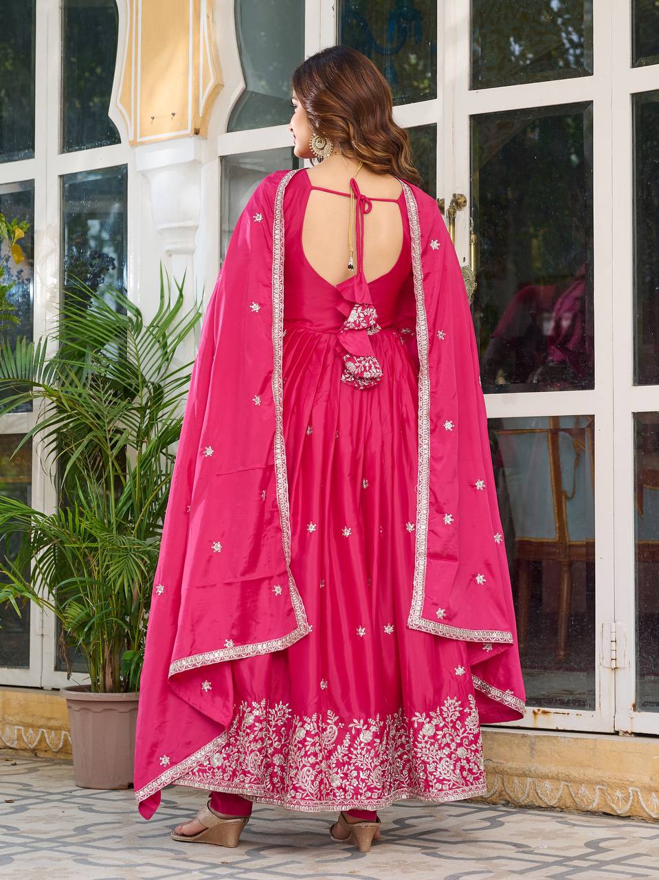 Pink cololr american silk gown with dupatta price