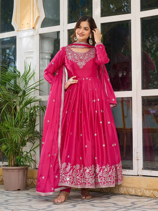 Pink cololr american silk gown with dupatta online shopping