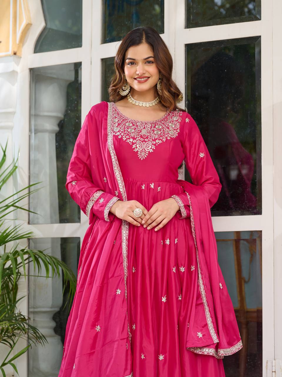 Pink cololr american silk gown with dupatta