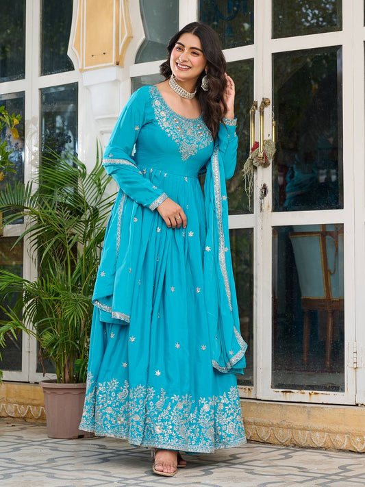 Sky color american silk gown with dupatta images
