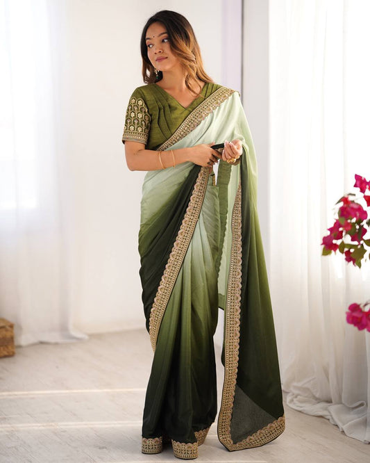 Green color chinon silk saree with blouse