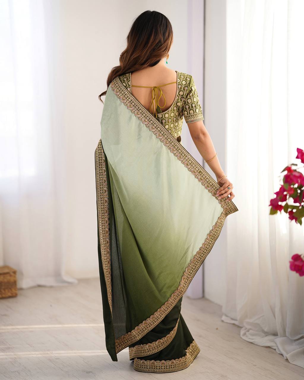 Green color chinon silk saree with blouse price
