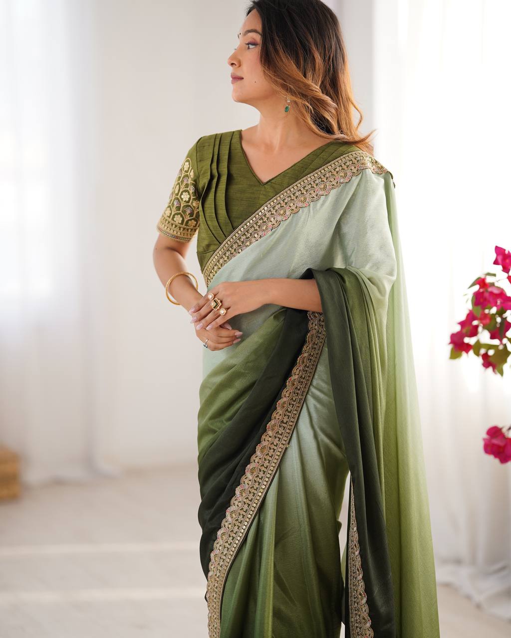 Green color chinon silk saree with blouse online shopping