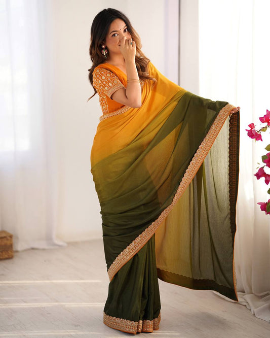 Yellow color chinon silk saree for wedding