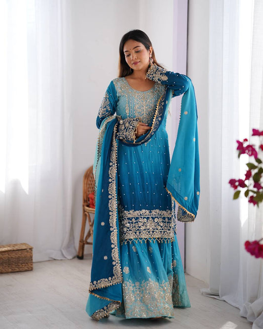 Sky color chinon silk sharara suit with dupatta images
