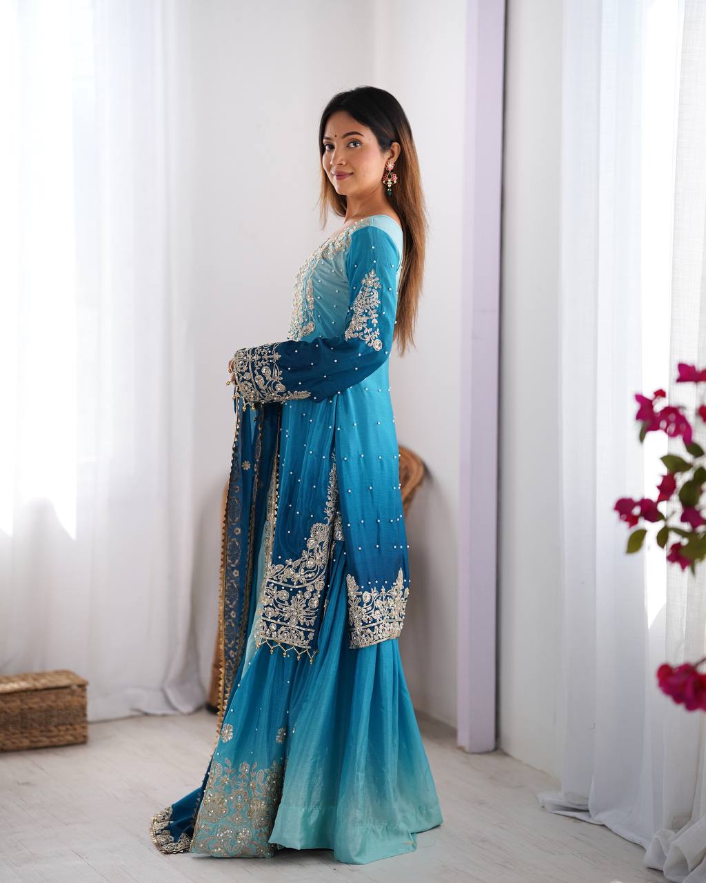 Sky color chinon silk sharara suit for wedding