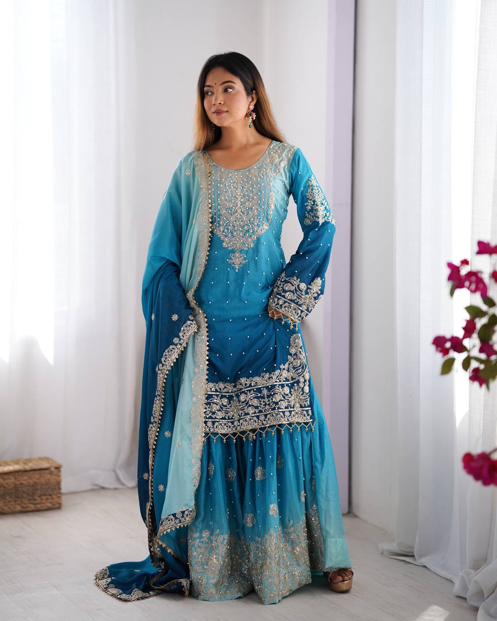 Sky color chinon silk sharara suit with price