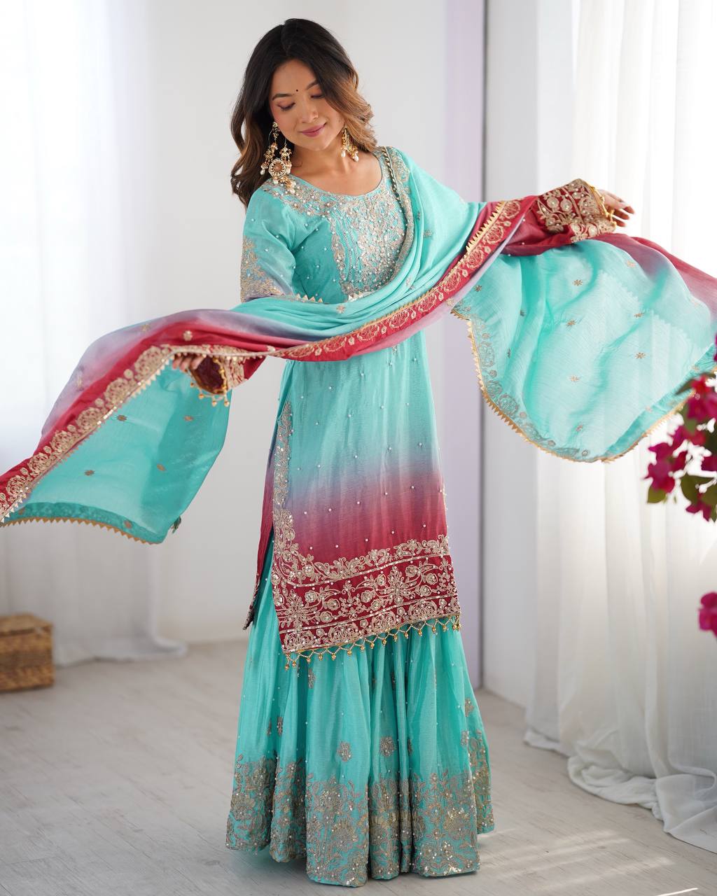 Sky Blue color chinon silk sharara suit for women