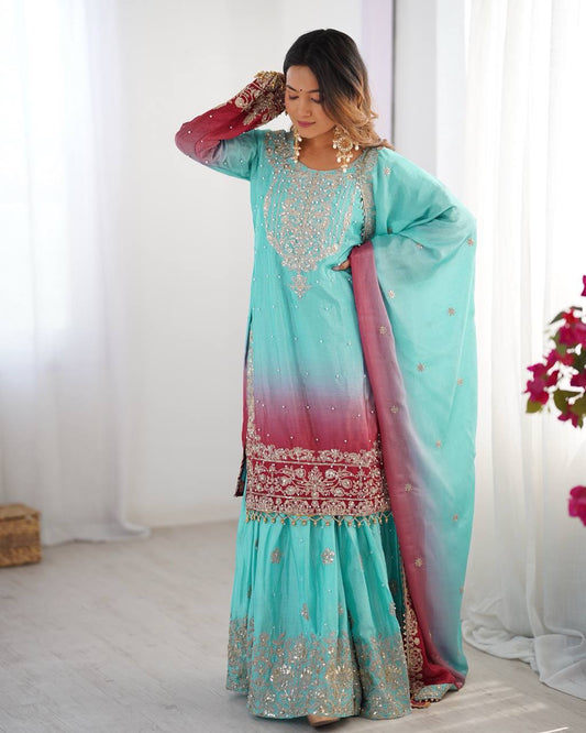 Sky Blue color chinon silk sharara suit for wedding