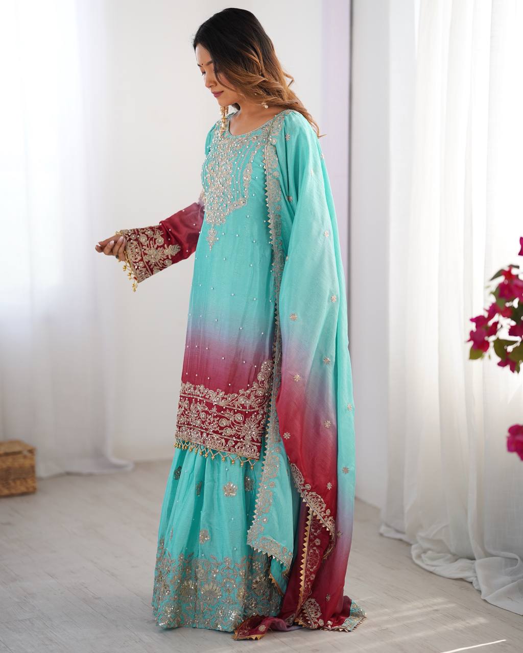 Sky Blue color chinon silk sharara suit with dupatta price