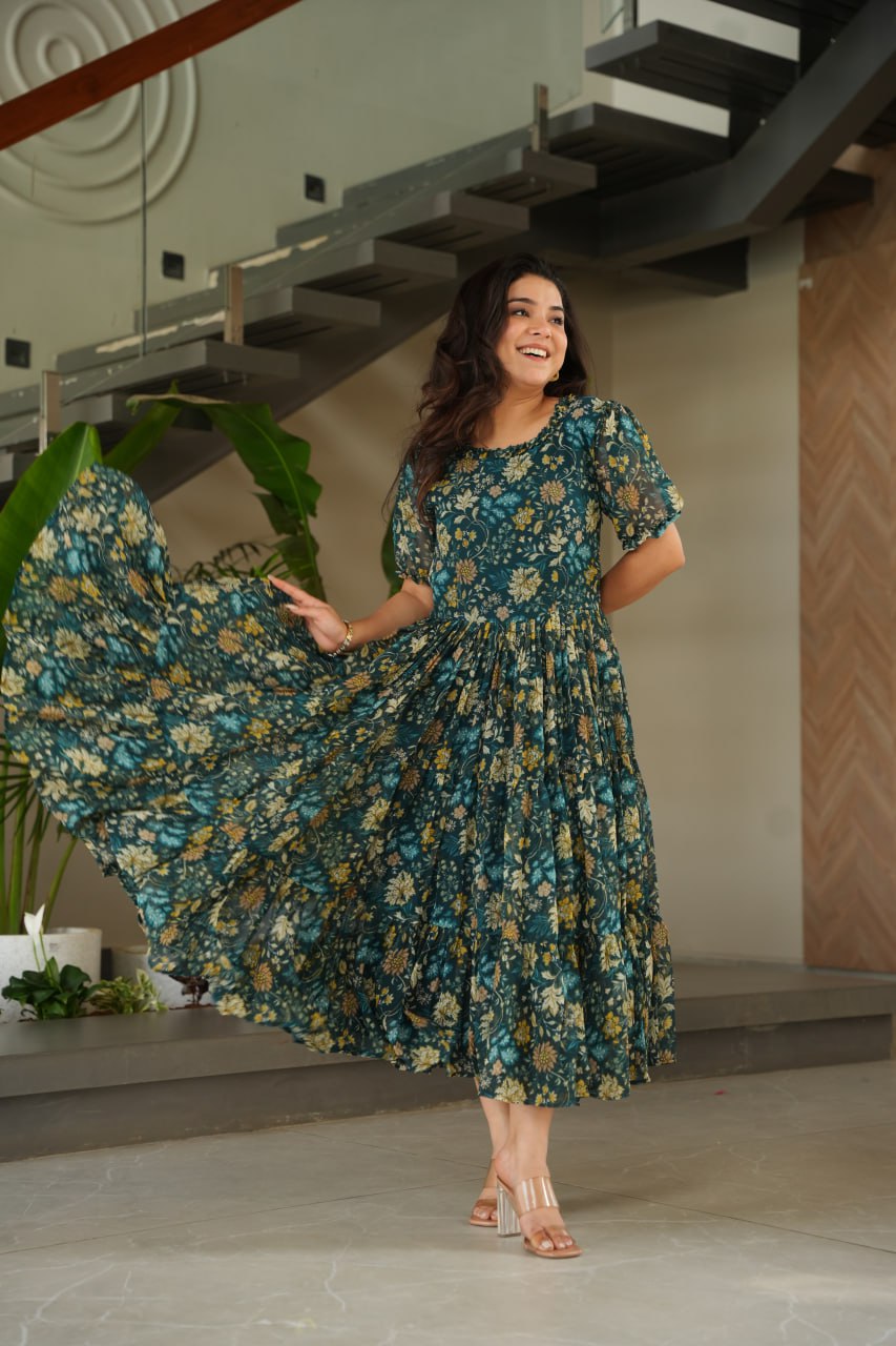 Green color georgette gown for women