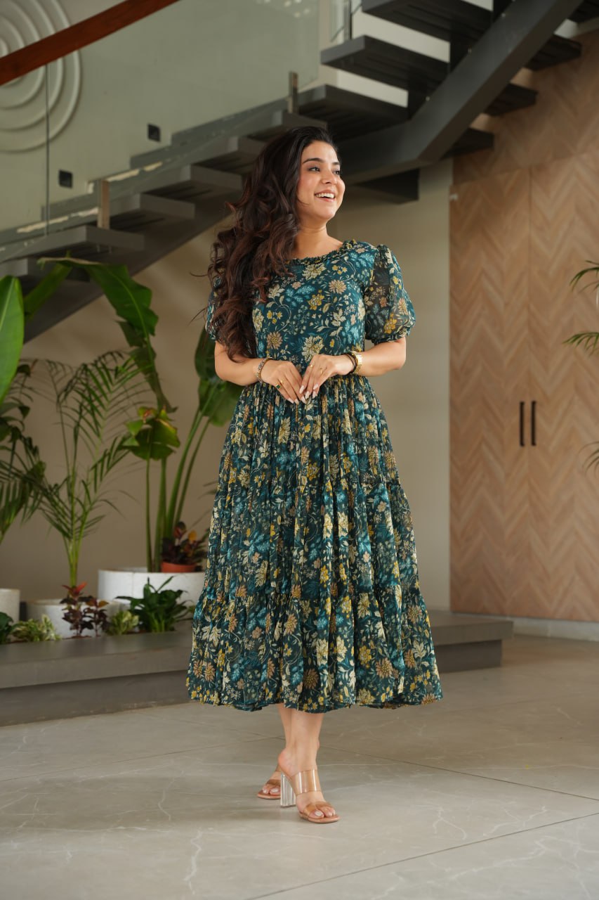 Green color georgette gown with online
