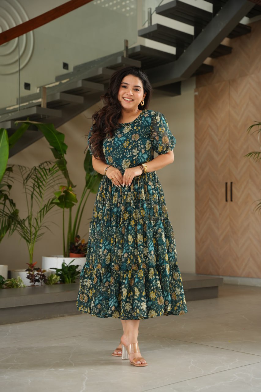 Green color printed gown for party wear