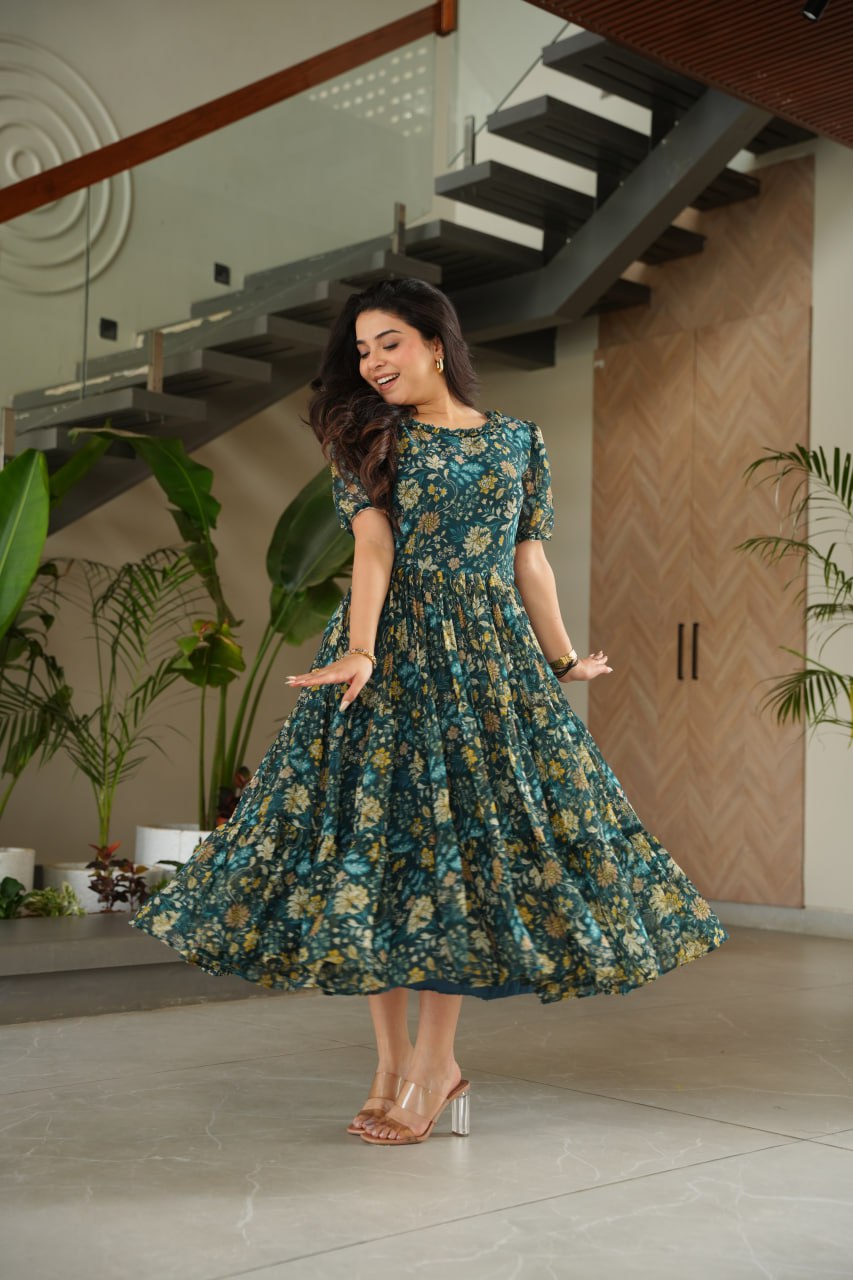 Green color georgette printed gown