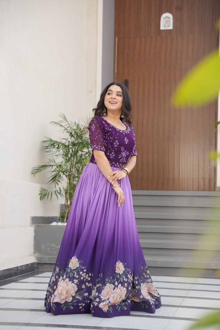 Purple faux blooming gown with online shopping
