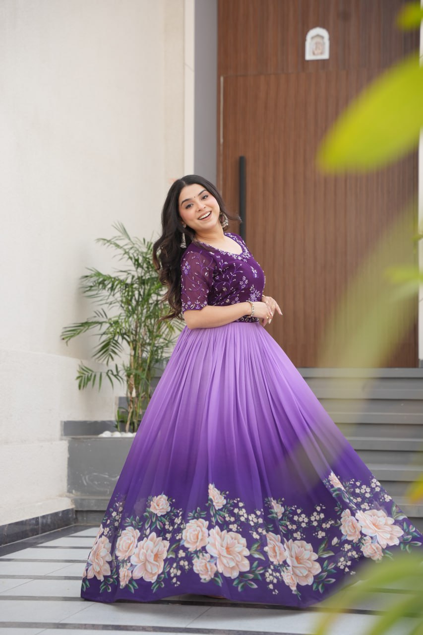 Purple faux blooming gown with online shopping