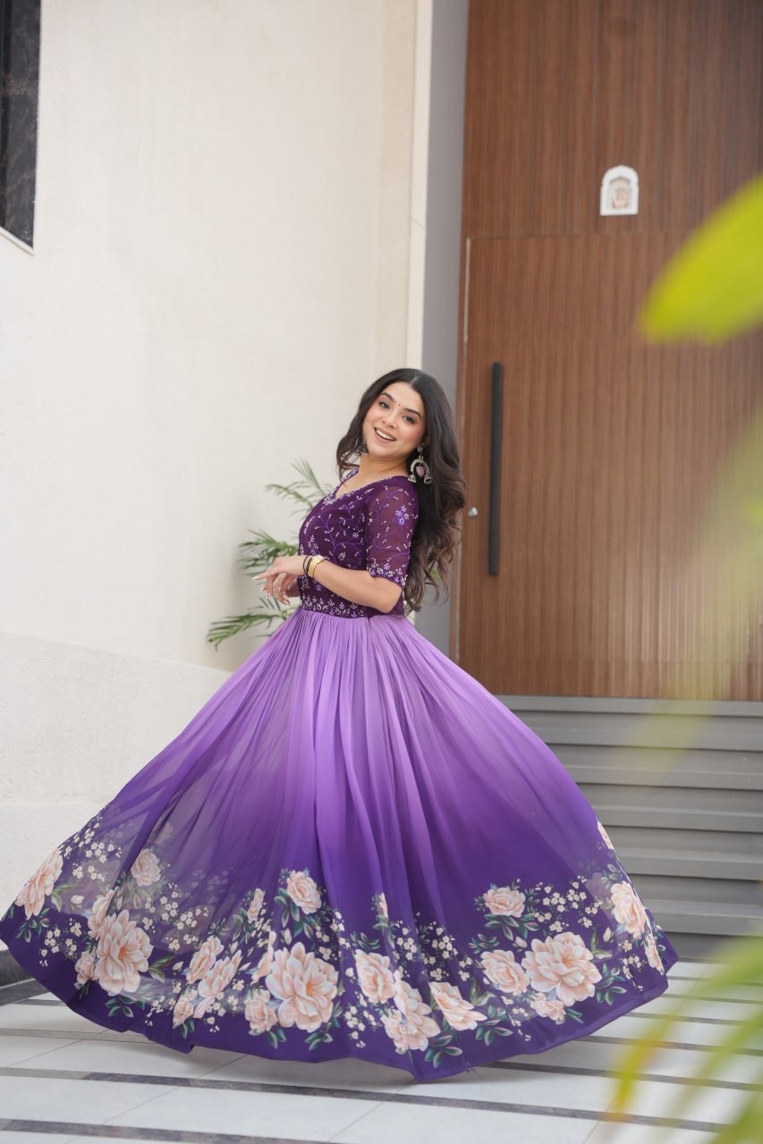 Purple faux blooming gown for party