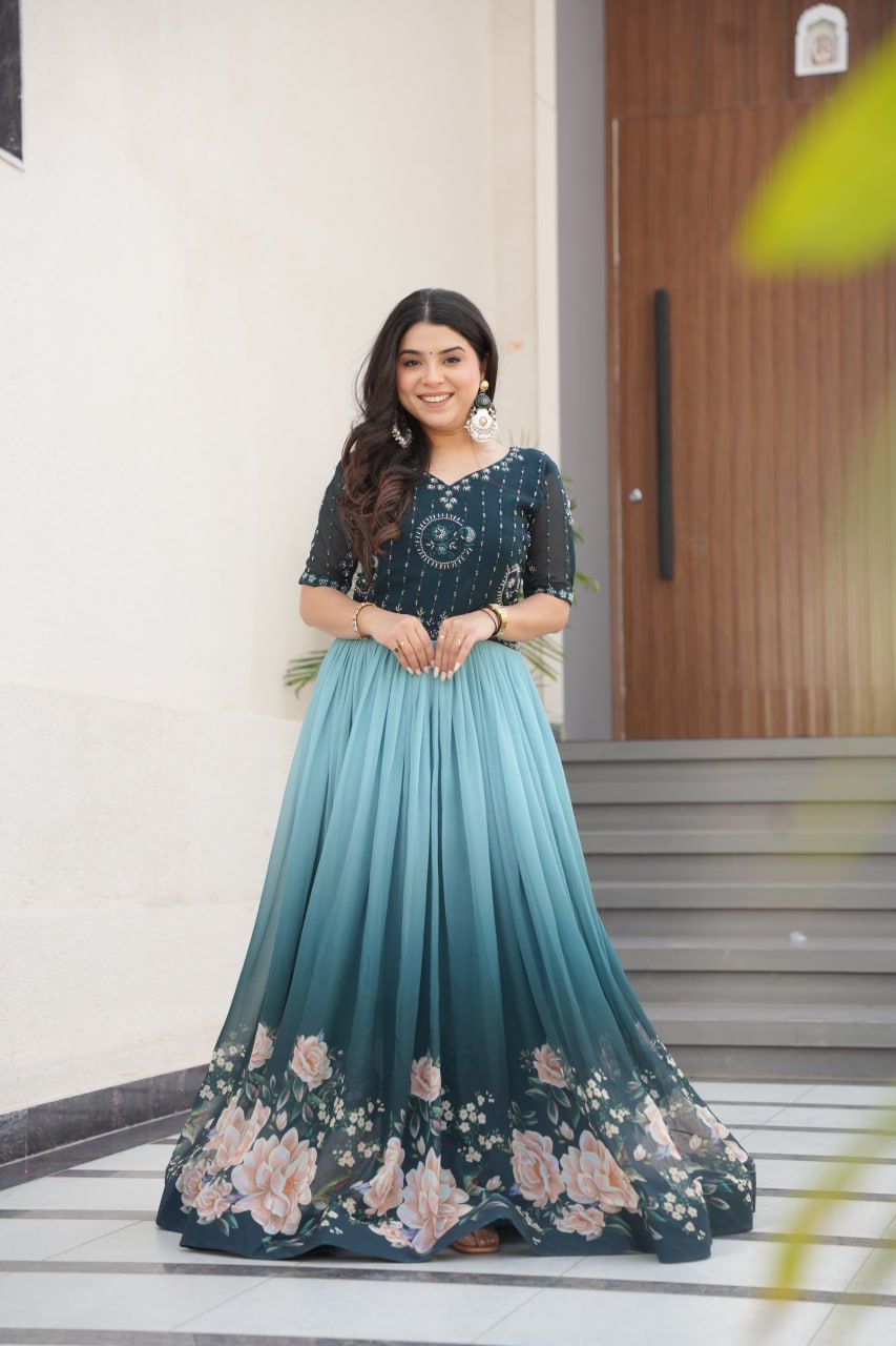Buy Teal Blue Floral Printed Georgette Gown At Zeel Clothing XL Buy Teal Blue Floral Printed Georgette Gown At Zeel Clothing XL